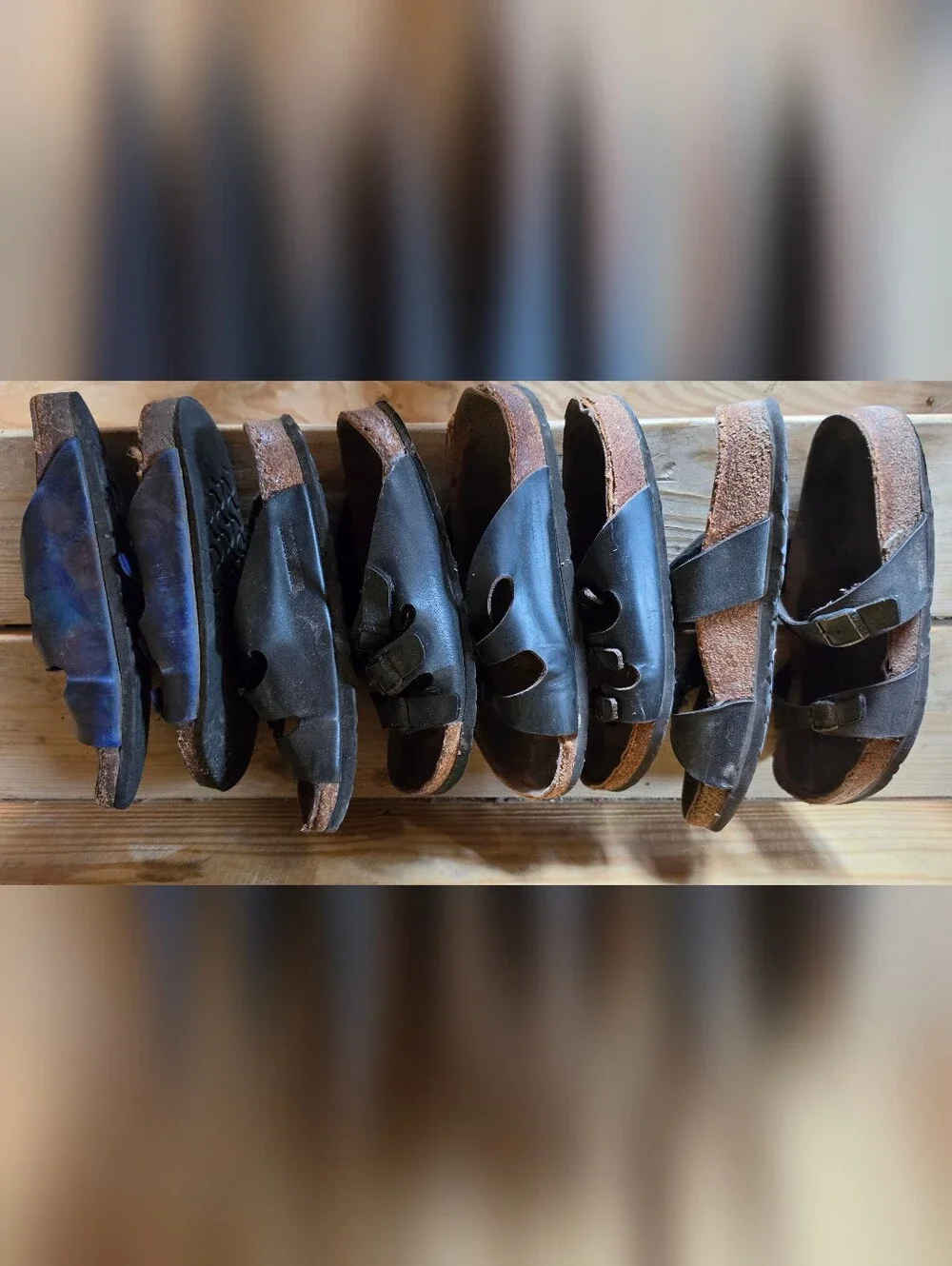 4 Pairs Size 39 Birkenstock sandals.  Very Worn.  Need Repairs.  Good Straps.